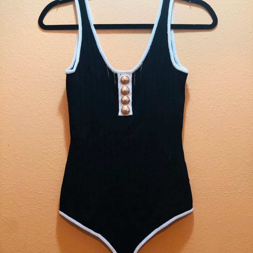 Balmain Black Knit Bodysuit with gold buttons